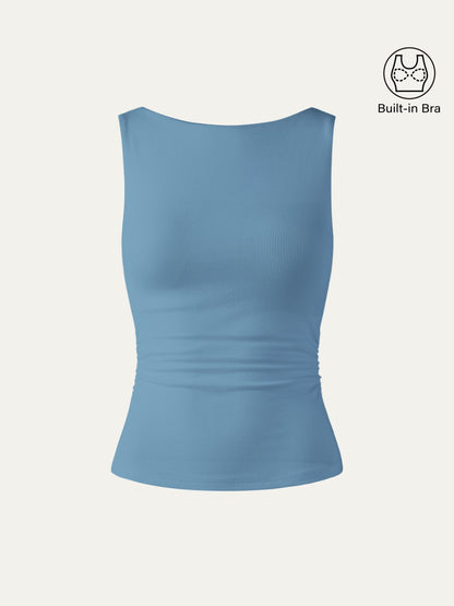 Boat Neck Ribbed Fitted Tank Top with Built-in Bra