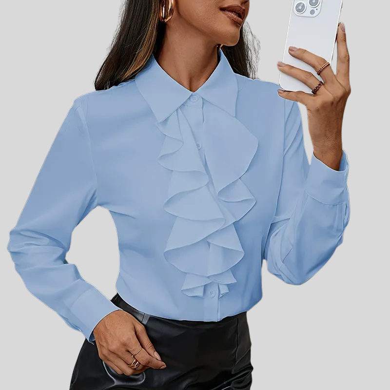 Ruffled Button-Down Long-Sleeve Blouse