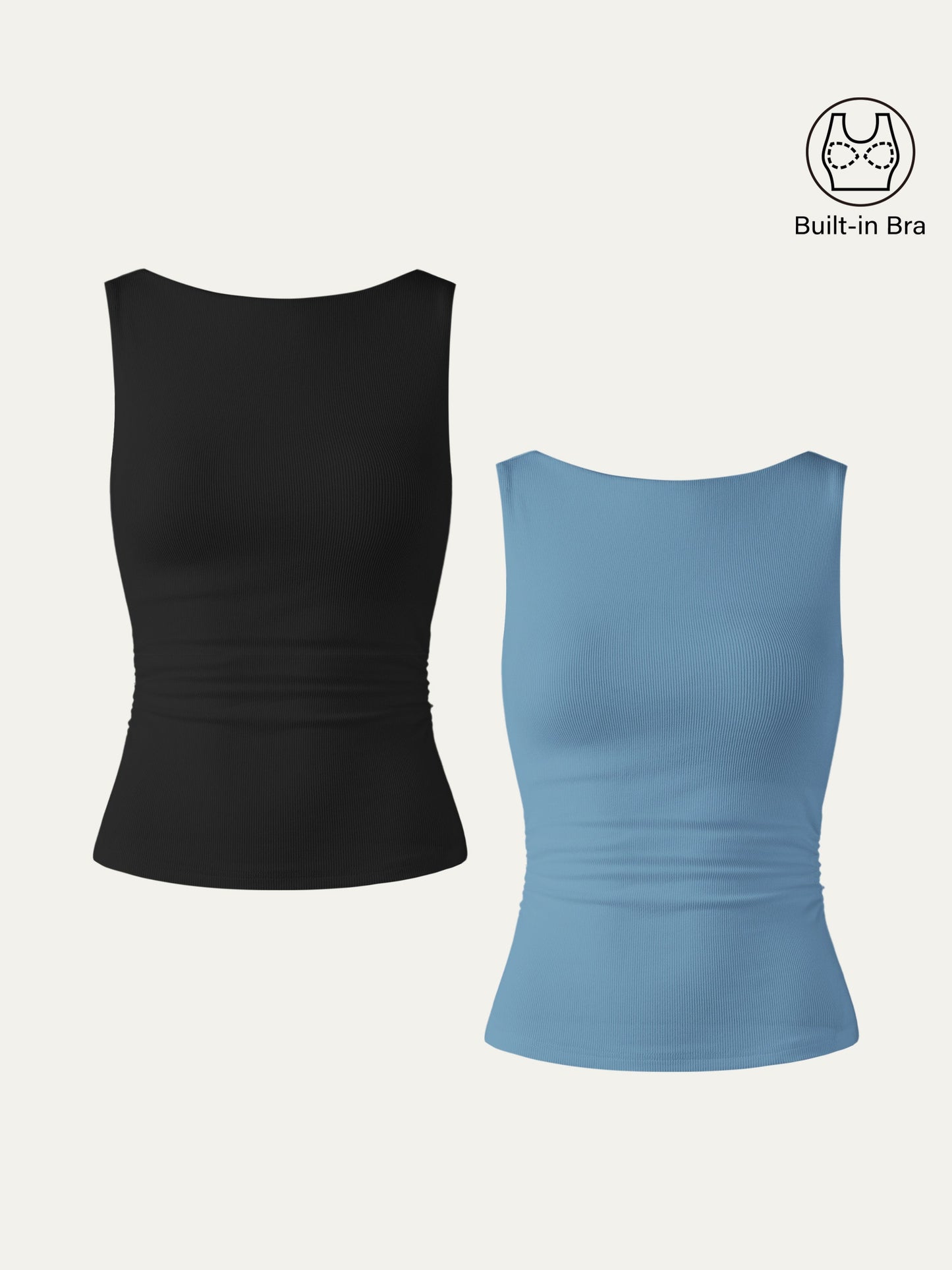 Boat Neck Ribbed Fitted Tank Top with Built-in Bra
