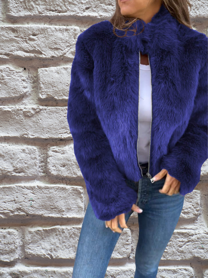 Faux Fur Jacket with High Collar and Zip Closure