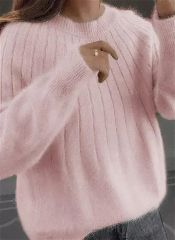 Ribbed Knit Sweater with Crew Neckline Long Sleeves