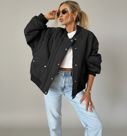 Oversized Quilted Bomber Jacket with Snap Button Closure and Ribbed Trim