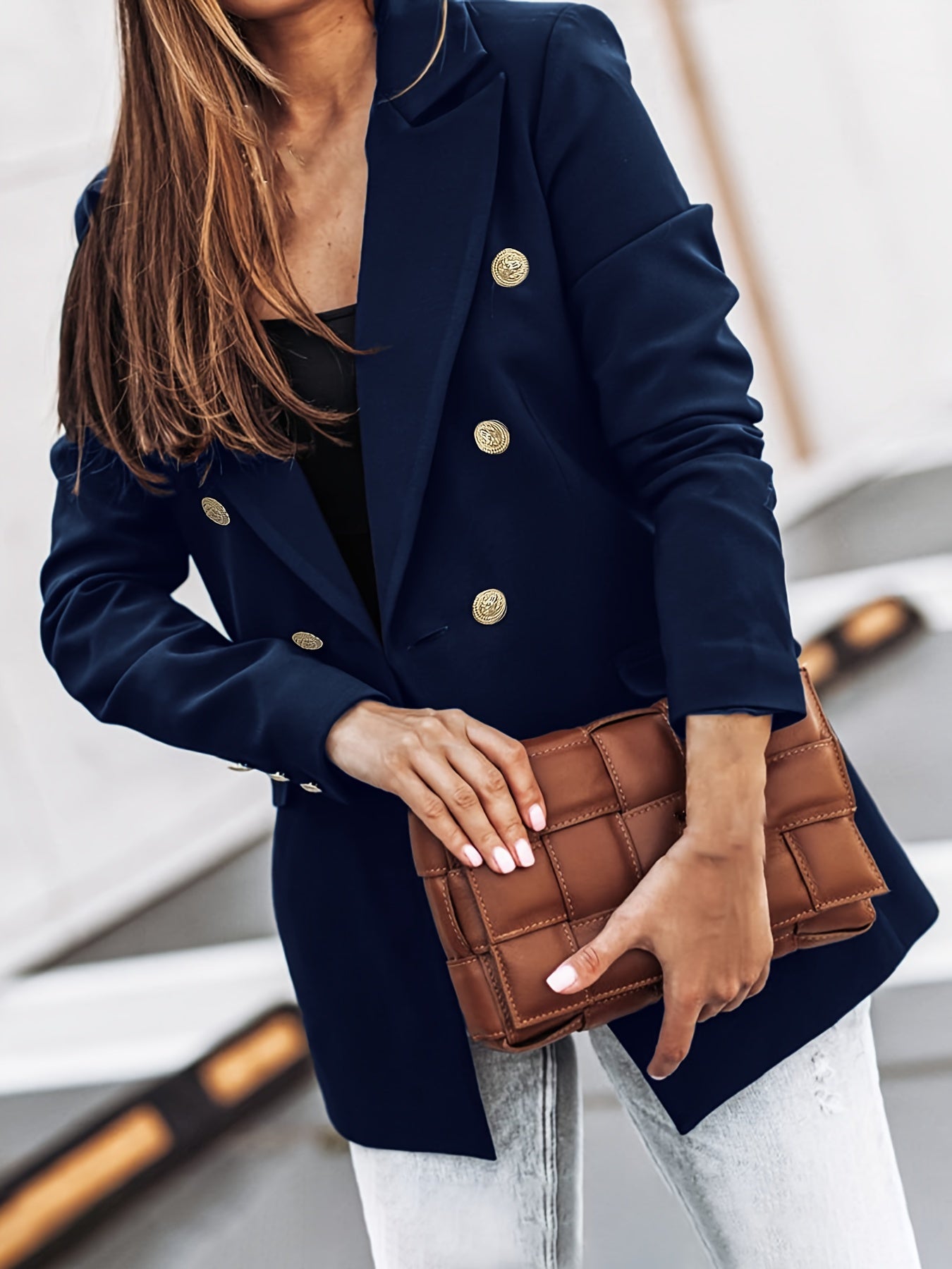 Double-Breasted Blazer with Notched Lapels and Flap Pockets