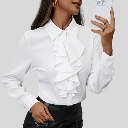Ruffled Button-Down Long-Sleeve Blouse