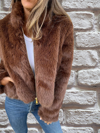 Faux Fur Jacket with High Collar and Zip Closure