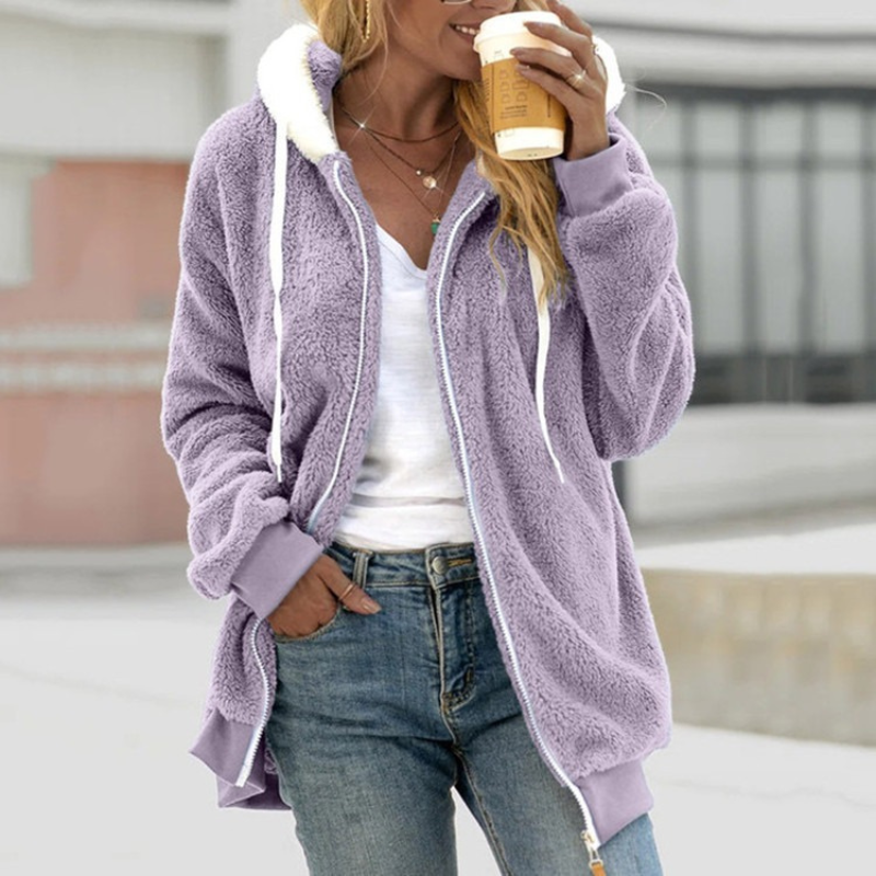 Fleece Sherpa Hoodie Jacket with Ribbed Cuffs and Hem