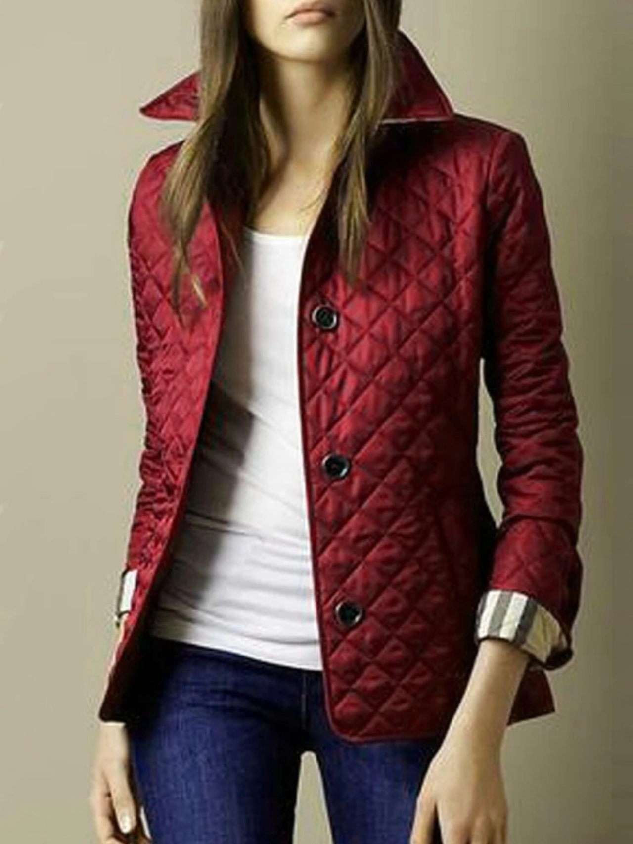 Diamond Quilted Jacket with Point Collar and Button Closure