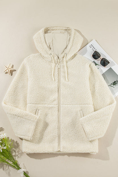 Fuzzy Hooded Jacket with Zip Closure and Pockets