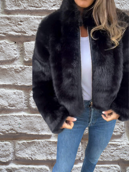 Faux Fur Jacket with High Collar and Zip Closure