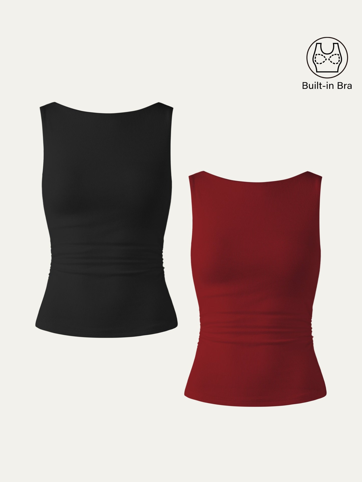 Boat Neck Ribbed Fitted Tank Top with Built-in Bra