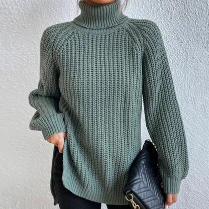 Long-Sleeve Pullover Sweater with Turtleneck and Side Slits