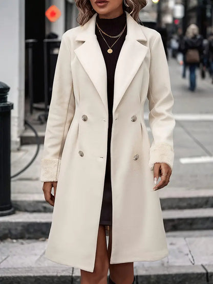 Midi Length Double-Breasted Coat with Faux Fur Cuffs
