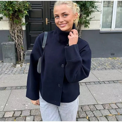 Cropped Boxy Jacket with Stand Collar and Asymmetric Button Closure