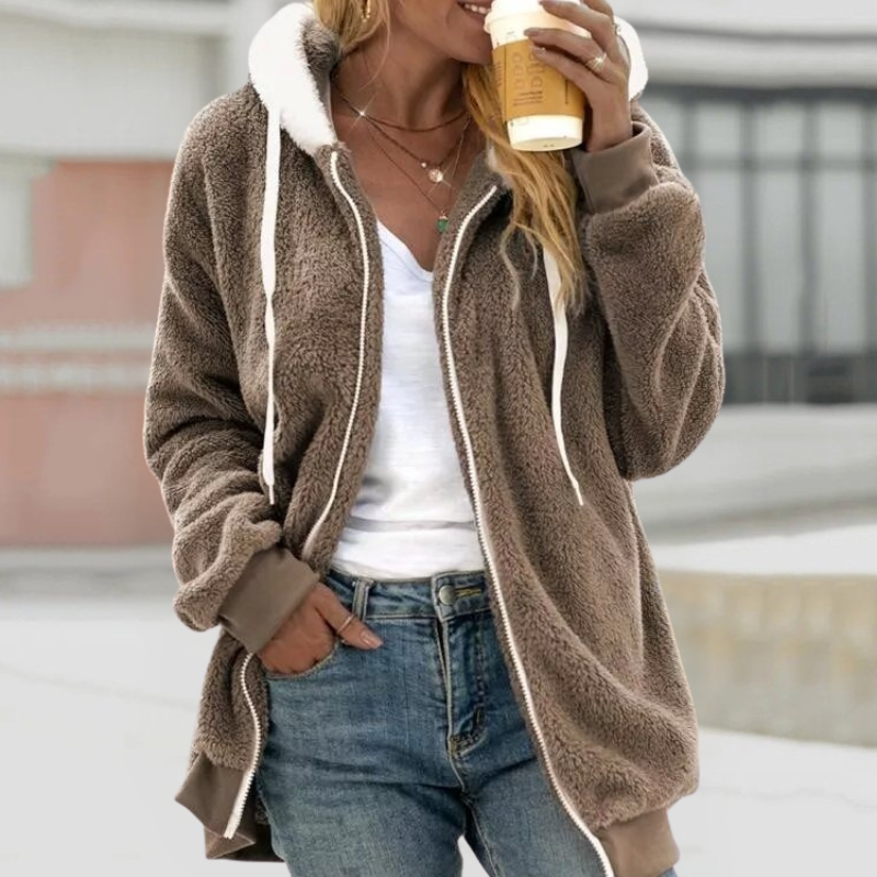 Fleece Sherpa Hoodie Jacket with Ribbed Cuffs and Hem