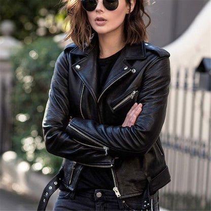 Leather Biker Jacket with Asymmetric Zip Closure and Belted Hem