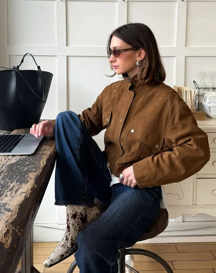 Jacket with Collar, Flap Pockets, and Zip Closure