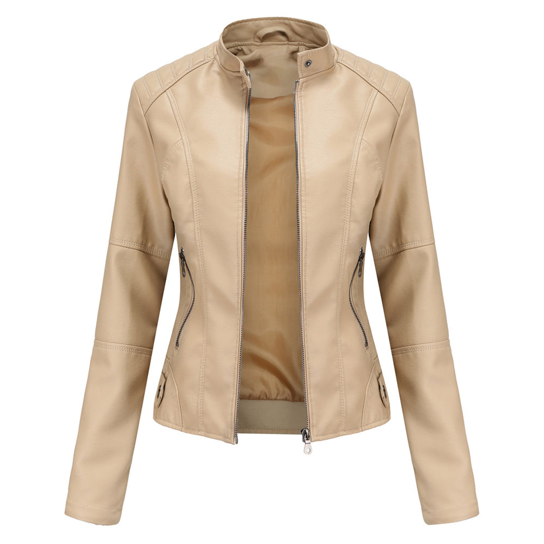 Faux Leather Jacket with Stand Collar and Zip Closure