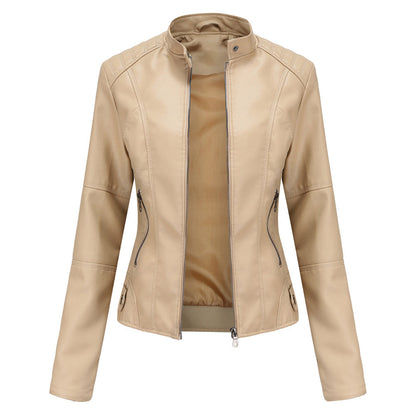 Faux Leather Jacket with Stand Collar and Zip Closure