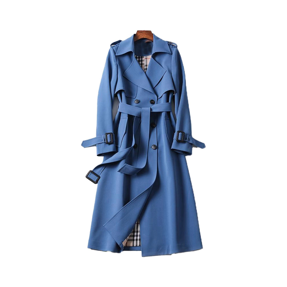 Double-Breasted Trench Coat with Notched Lapels, Tie-Waist Belt, and Mid-Calf Length
