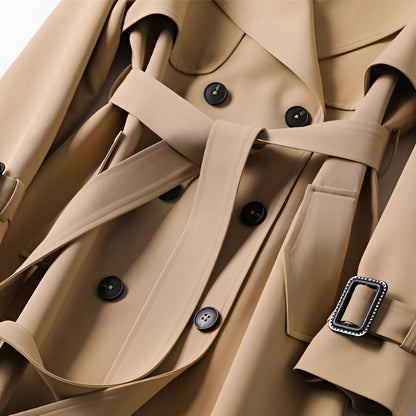 Double-Breasted Trench Coat with Notched Lapels, Rain Flap, and Storm Shield