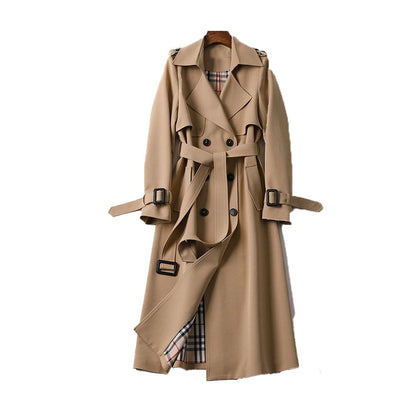 Double-Breasted Trench Coat with Notched Lapels, Tie-Waist Belt, and Mid-Calf Length