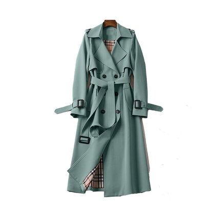 Double-Breasted Trench Coat with Notched Lapels, Tie-Waist Belt, and Mid-Calf Length