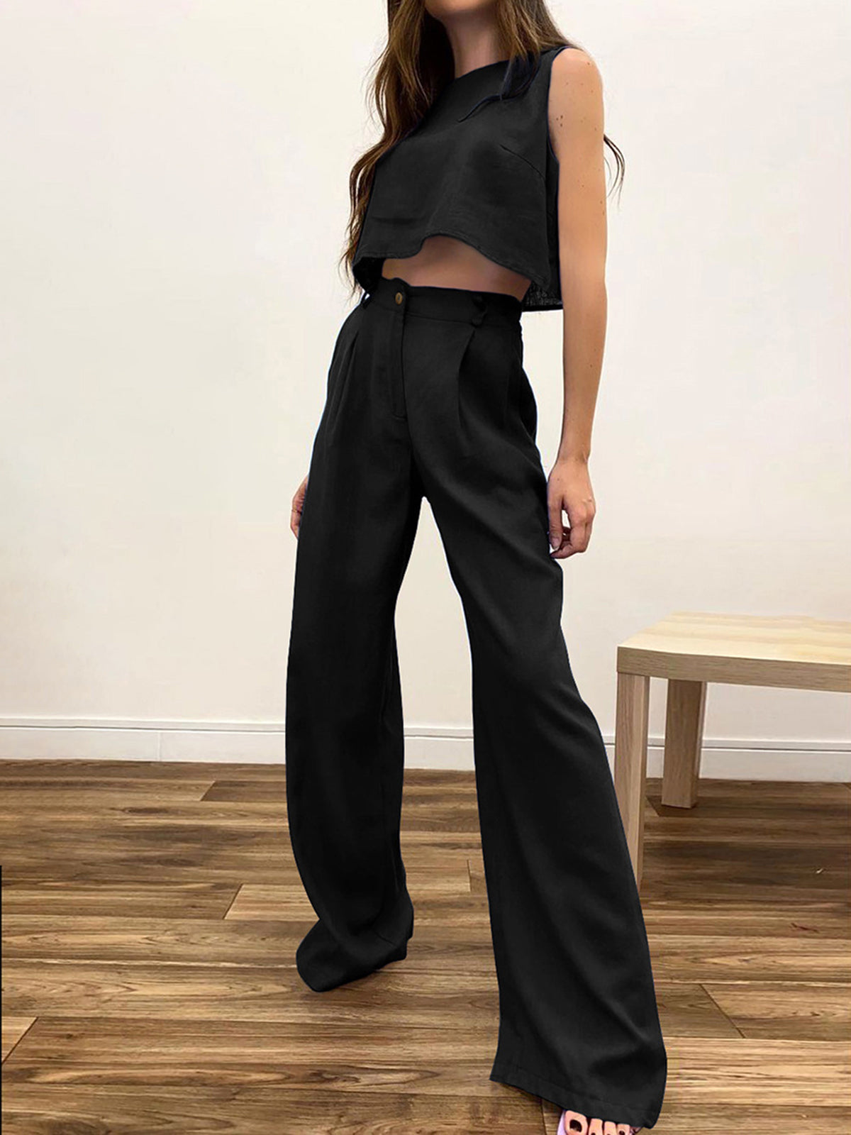Cropped Sleeveless Top and High-Waist Wide-Leg Trousers Set