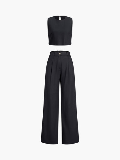 Cropped Sleeveless Top and High-Waist Wide-Leg Trousers Set