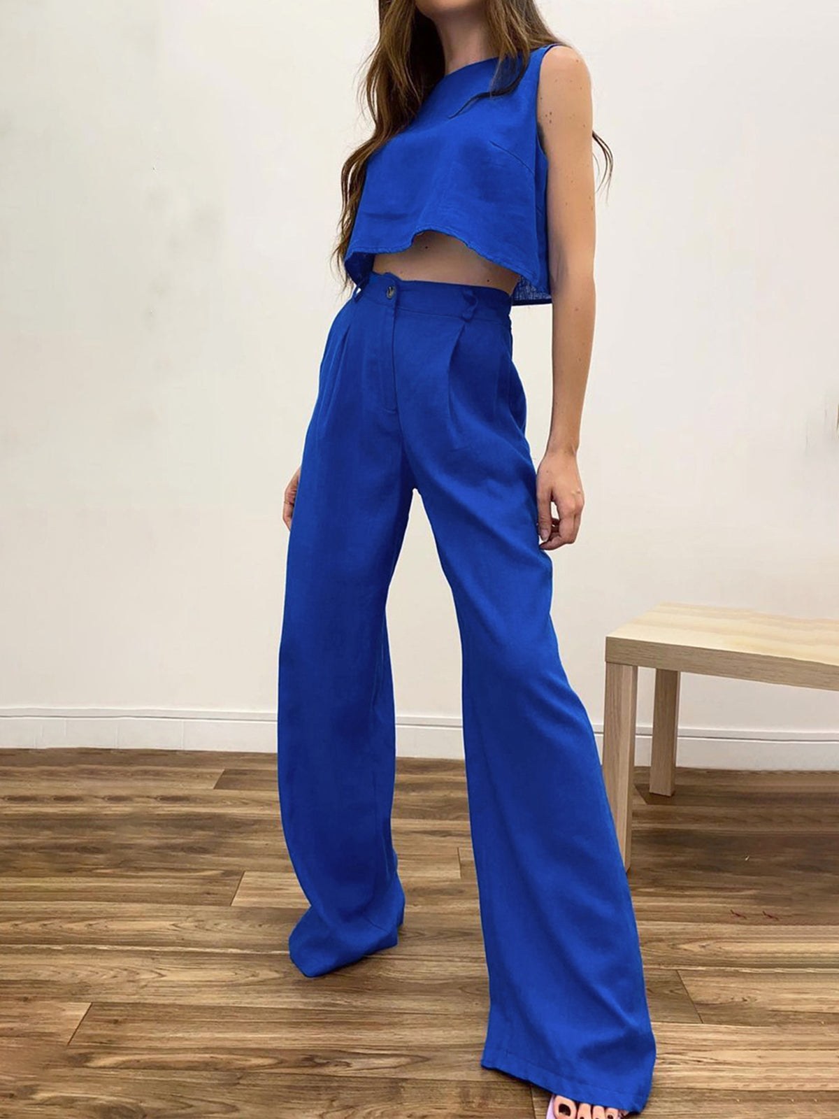 Cropped Sleeveless Top and High-Waist Wide-Leg Trousers Set