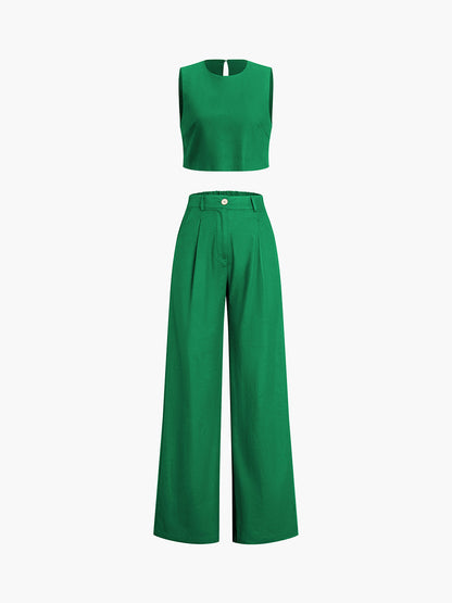 Cropped Sleeveless Top and High-Waist Wide-Leg Trousers Set
