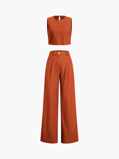 Cropped Sleeveless Top and High-Waist Wide-Leg Trousers Set