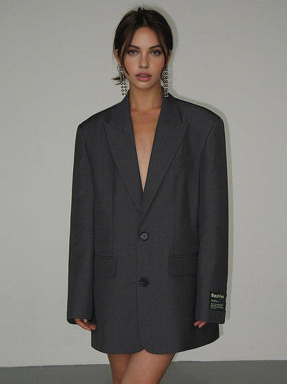 Oversized Blazer with Notched Lapels and Two-Button Closure