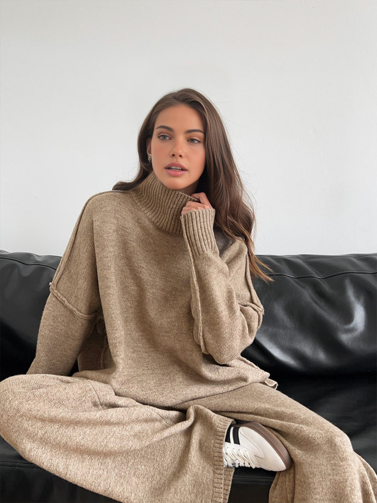 Turtleneck Long Sleeve Ribbed Hem Sweater and Knit Pants Set