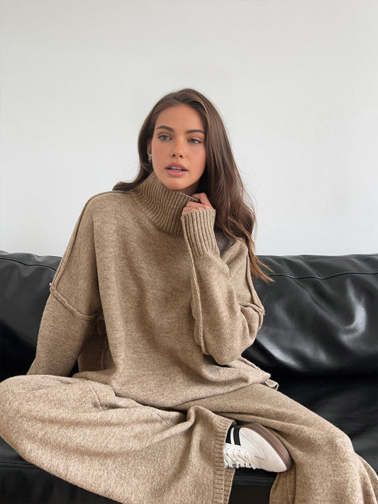 High Neck Relaxed Sweater Set with Long Sleeves and Ribbed Hem