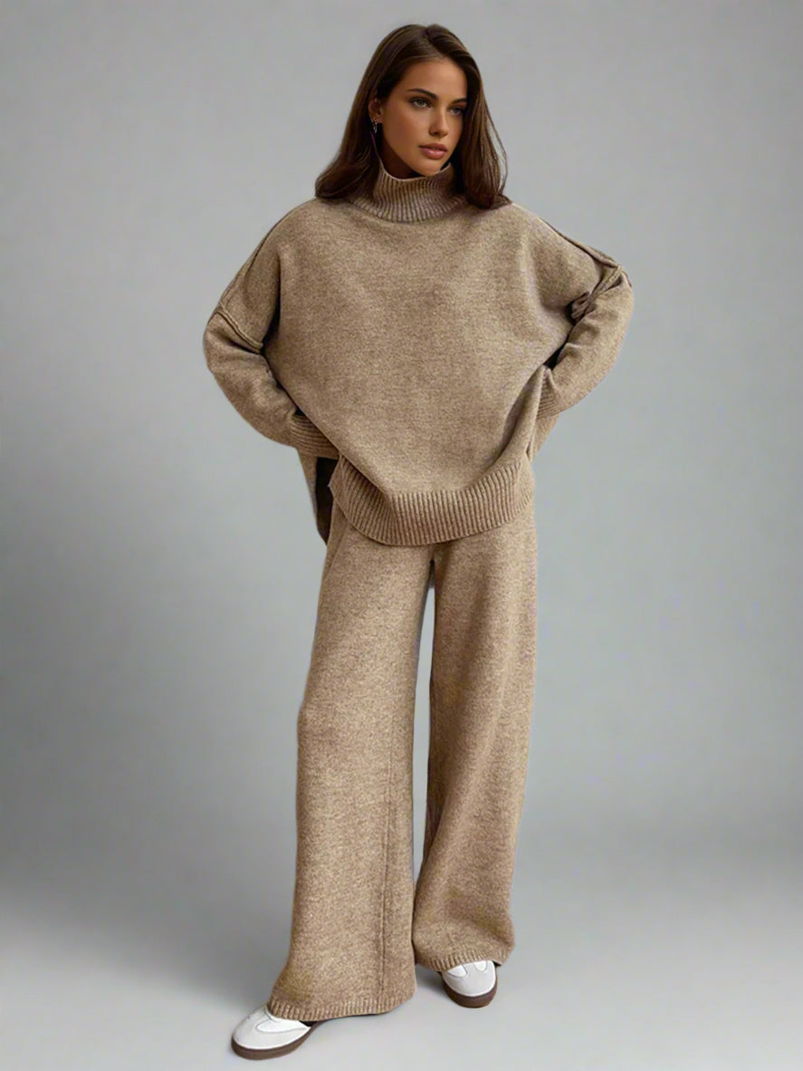 Turtleneck Long Sleeve Ribbed Hem Sweater and Knit Pants Set