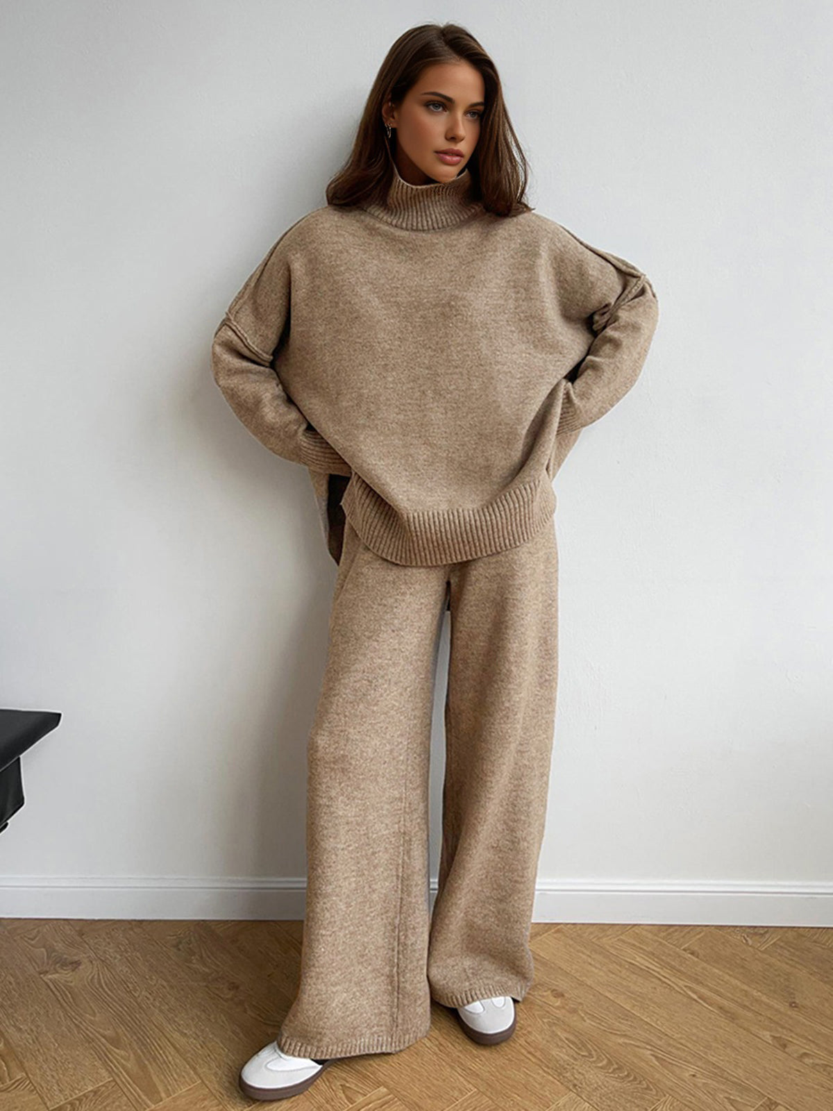 High Neck Relaxed Sweater Set with Long Sleeves and Ribbed Hem