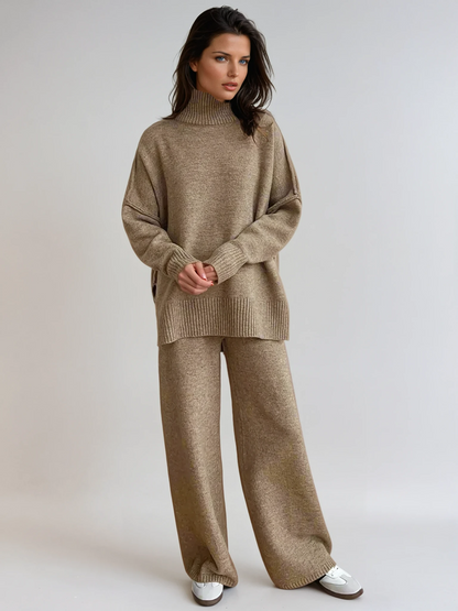Turtleneck Long Sleeve Ribbed Hem Sweater and Knit Pants Set