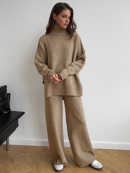 High Neck Relaxed Sweater Set with Long Sleeves and Ribbed Hem