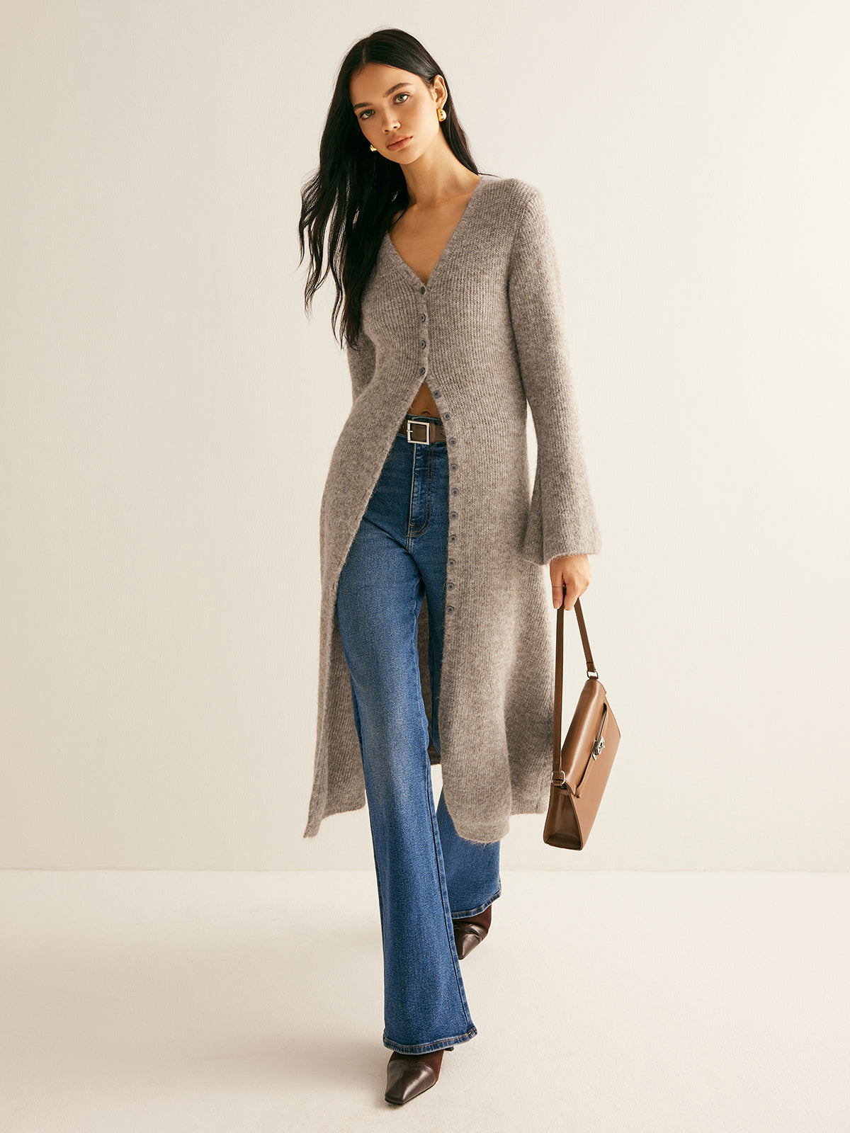 V-Neck Longline Cardigan with Button Closure and Long Sleeves