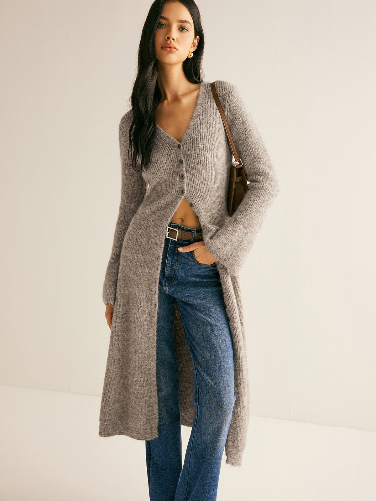 V-Neck Longline Cardigan with Button Closure and Long Sleeves
