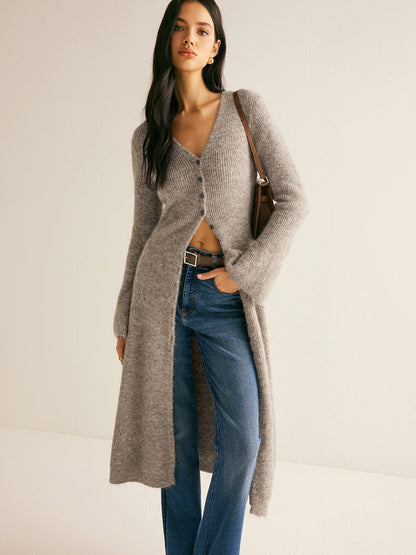V-Neck Longline Cardigan with Button Closure and Long Sleeves