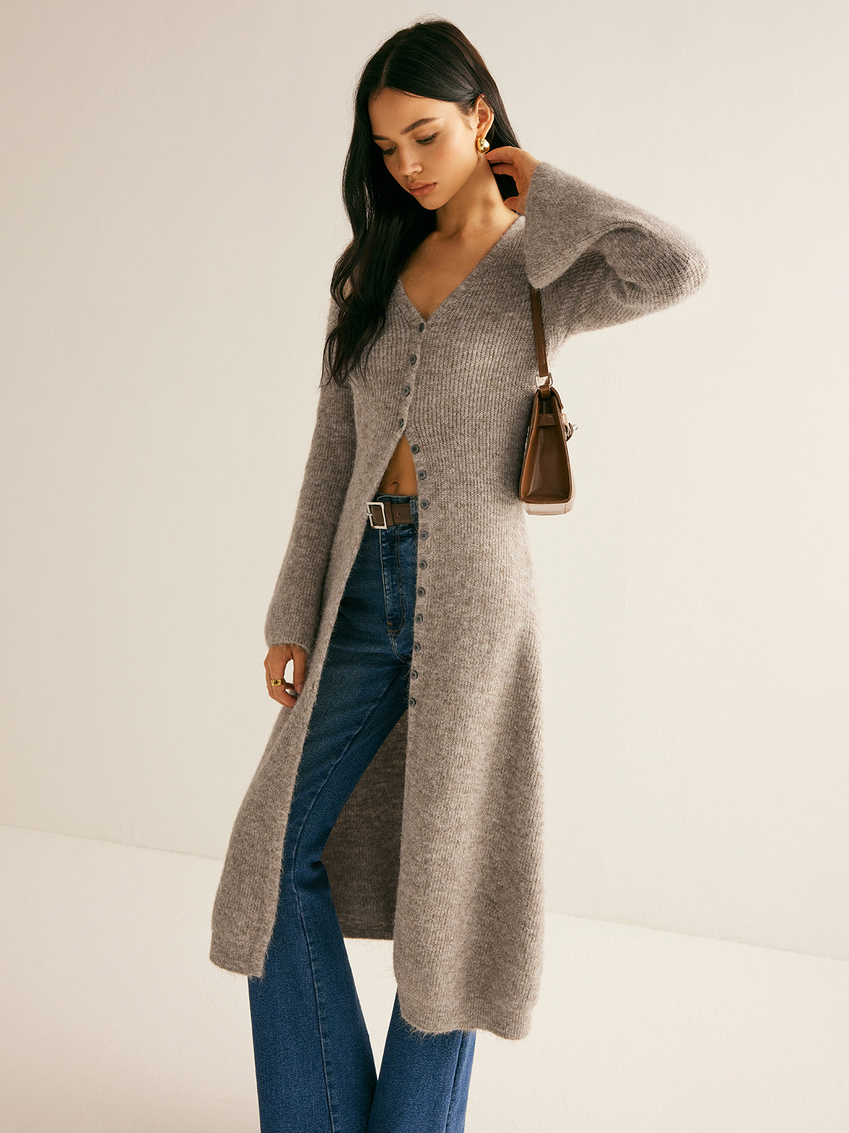 V-Neck Longline Cardigan with Button Closure and Long Sleeves
