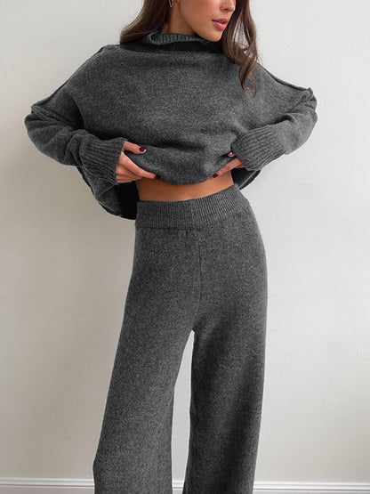 Turtleneck Long Sleeve Ribbed Hem Sweater and Knit Pants Set