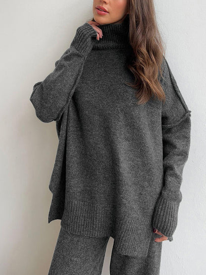 High Neck Relaxed Sweater Set with Long Sleeves and Ribbed Hem