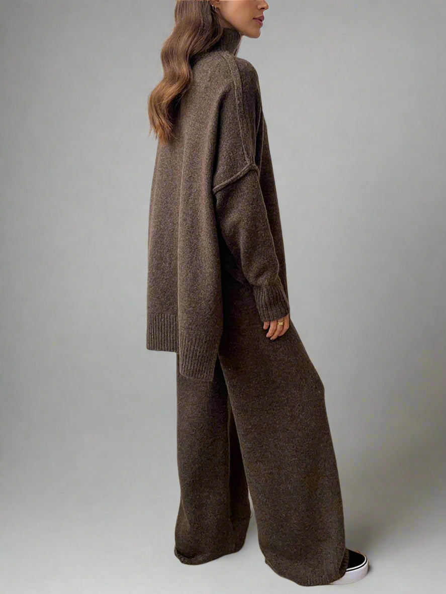 Turtleneck Long Sleeve Ribbed Hem Sweater and Knit Pants Set