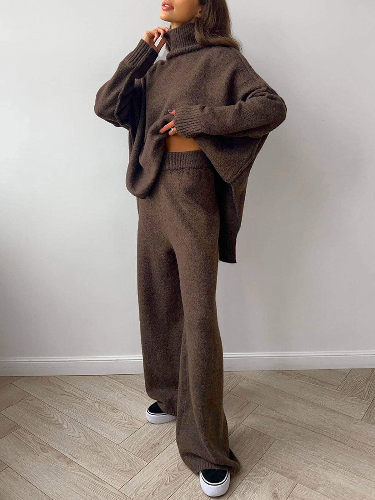 High Neck Relaxed Sweater Set with Long Sleeves and Ribbed Hem