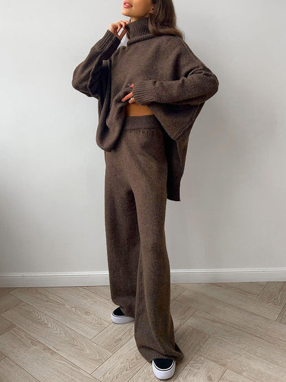 High Neck Relaxed Sweater Set with Long Sleeves and Ribbed Hem