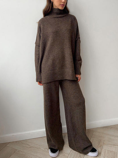High Neck Relaxed Sweater Set with Long Sleeves and Ribbed Hem