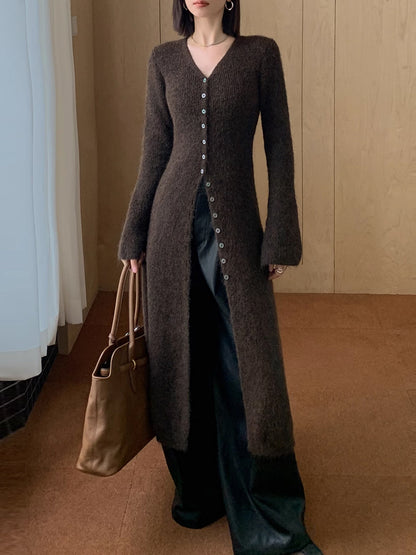 V-Neck Longline Cardigan with Button Closure and Long Sleeves