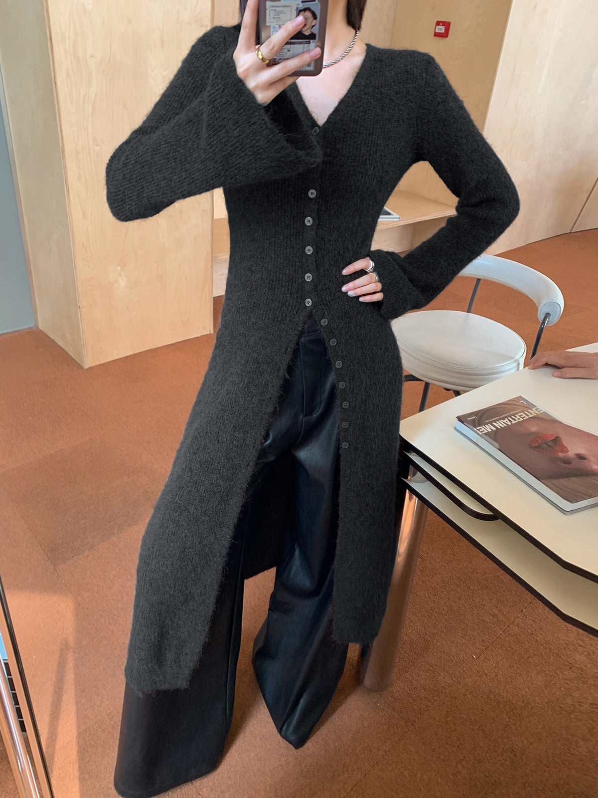 V-Neck Longline Cardigan with Button Closure and Long Sleeves